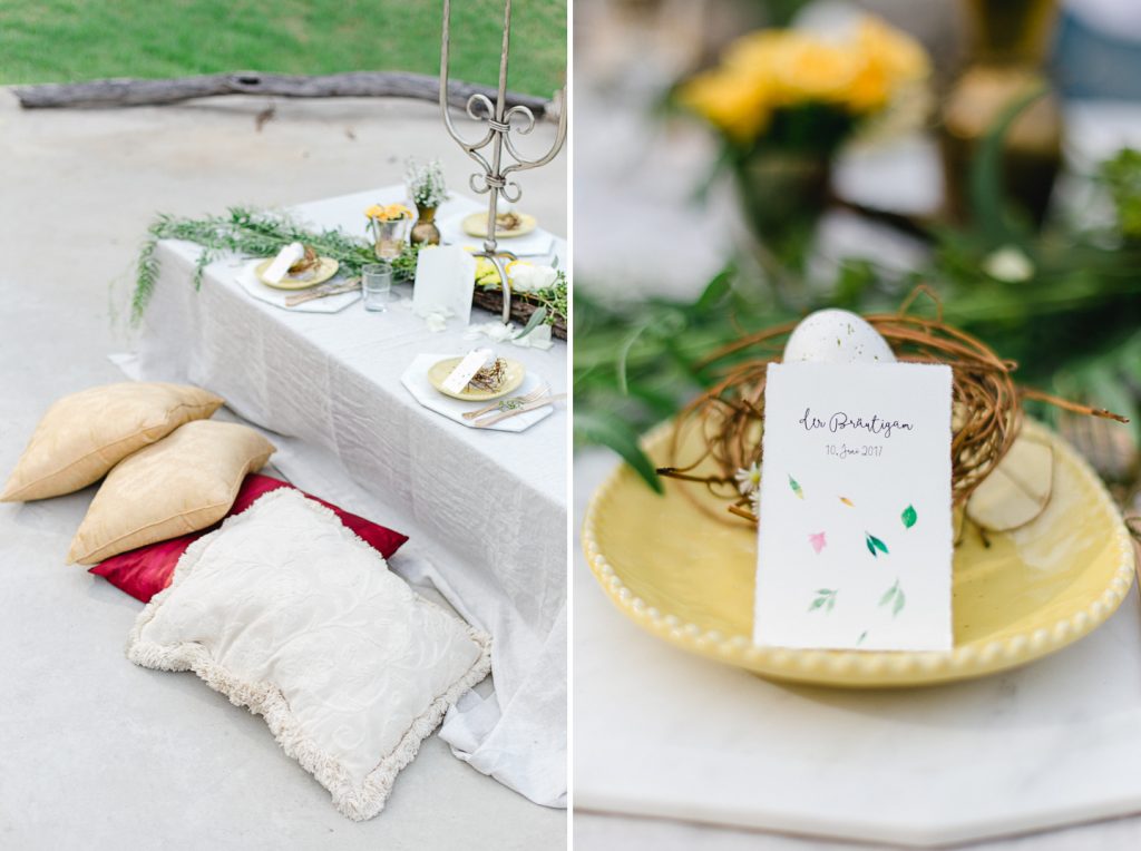 Hochzeitstisch im Freien, Tischkart Braütigam, Tischkärtchen Büttenpapier, Blätter in Aquarell gemalt

