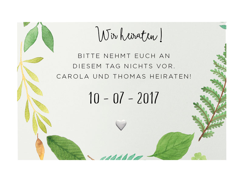 Save the Date Karte zur Hochzeit mit Blättern in Aquarell, grün, Blindprägung