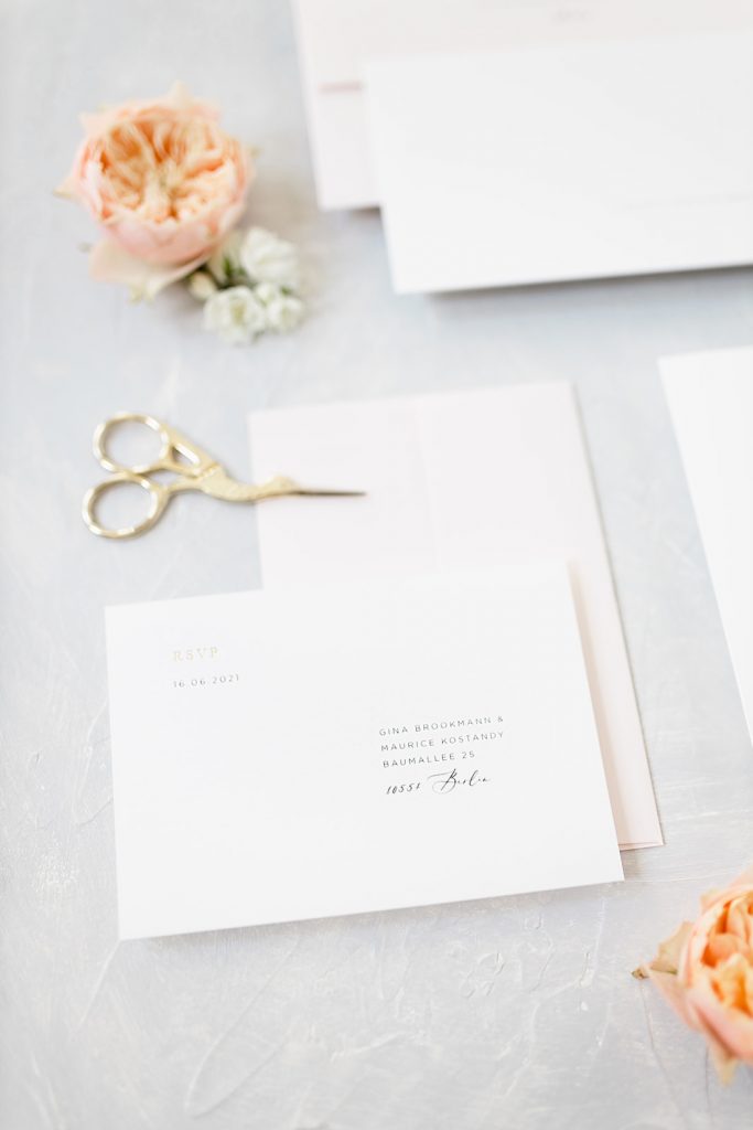bedruckter Briefumschlag, Antwortkarte mit Kuvert, RSVP, Hochzeitskarten